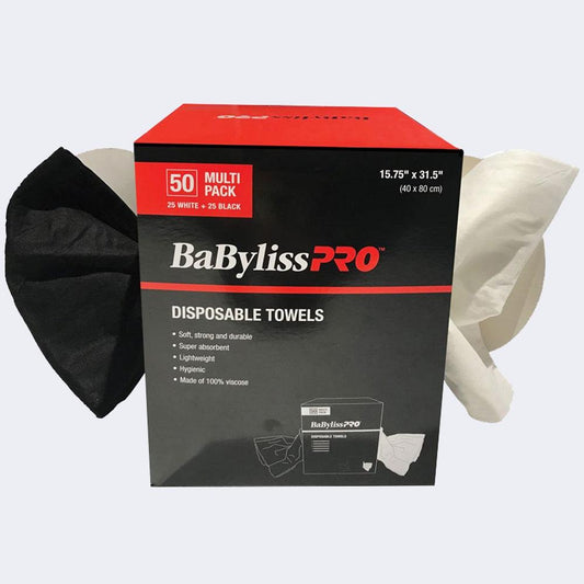 BABYLISS PRO SINGLE USE DISPOSABLE TOWELS BLACK/WHITE 50 PK - Purple Beauty Supplies