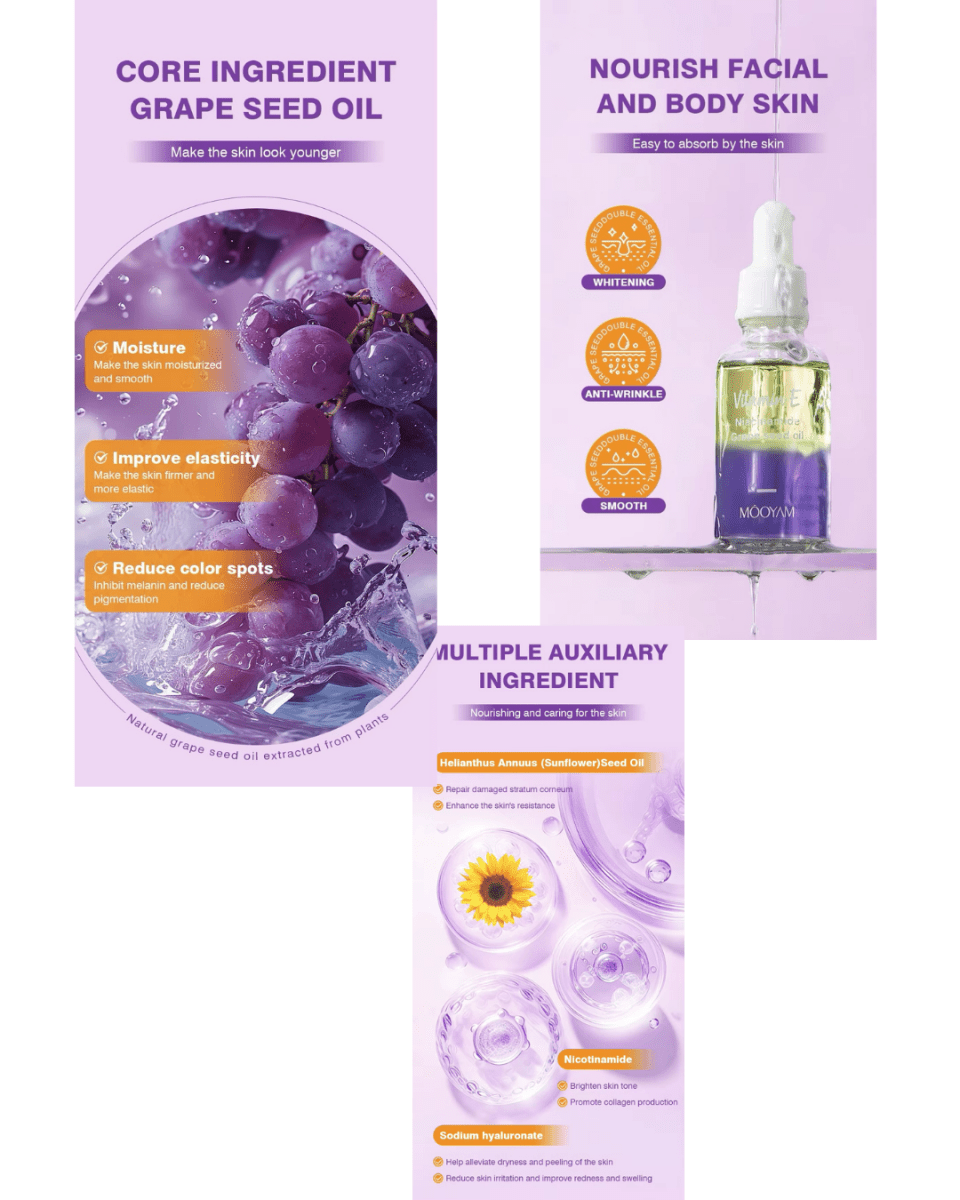 MOOYAM VITAMIN E | NIACINAMIDE | GRAPE SEED OIL 30ML - Purple Beauty Supplies
