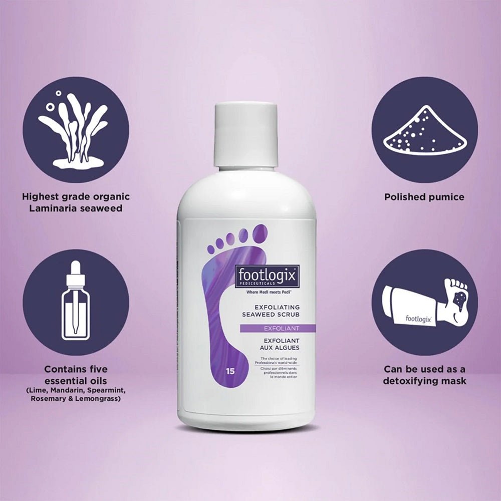 SALE! FOOTLOGIX SCRUB & GLOW Seaweed Scrub 250 ml, Exfoliating Glove - Purple Beauty Supplies