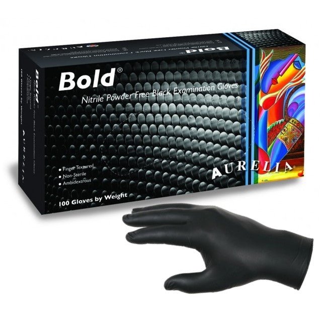 AURELIA BOLD (S) 100 NITRILE GLOVES POWDER FREE 100/BOX BLACK - Purple Beauty Supplies