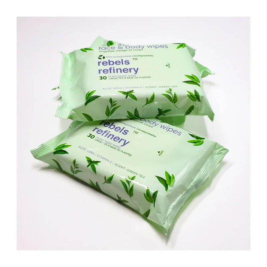 REBELS REFINERY GREEN TEA BAMBOO FACE & BODY WIPES 30 CT - Purple Beauty Supplies