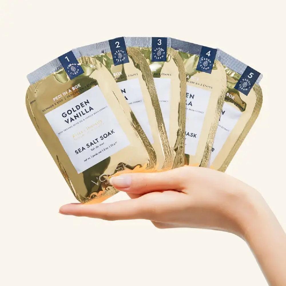 VOESH PEDI IN A BOX GLIMMER 5 STEP - GOLDEN VANILLA - Purple Beauty Supplies